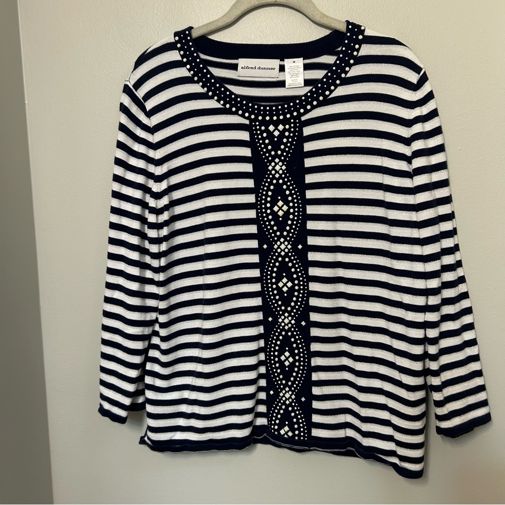 Alfred Dunner Navy & White Striped Pullover Sweater Women's Size M EUC‎